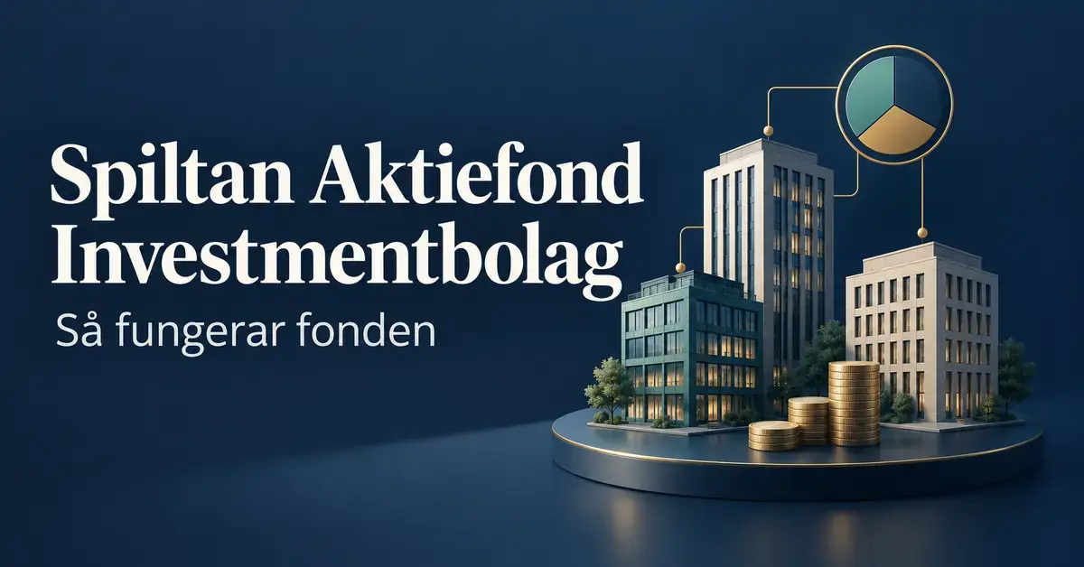 Illustration av tre kontorsbyggnader, myntstaplar och ett cirkeldiagram med texten ”Spiltan Aktiefond Investmentbolag – Så fungerar fonden”.