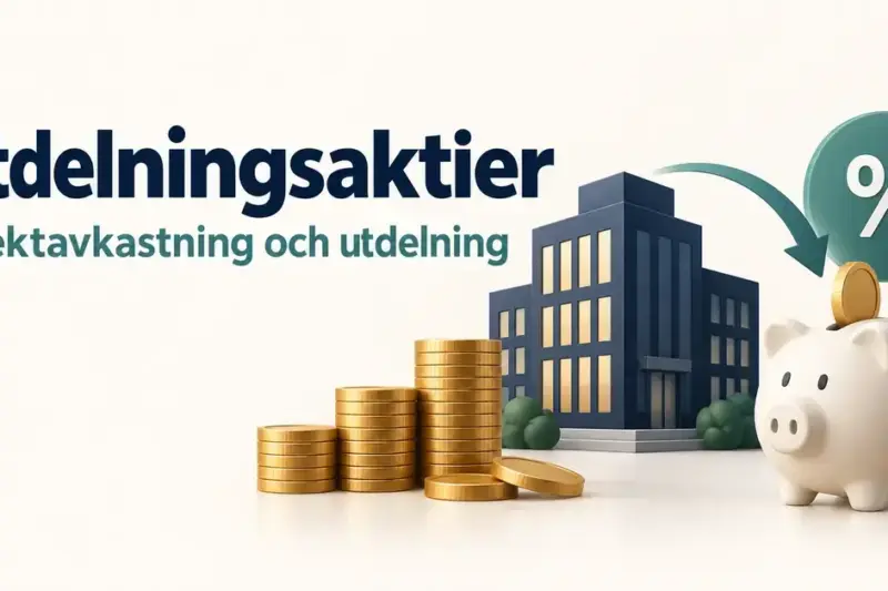 Illustration av utdelningsaktier med myntstaplar, en företagsbyggnad, en spargris och ett procenttecken som symboliserar utdelning och direktavkastning.