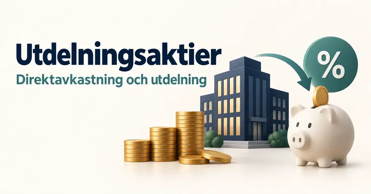 Illustration av utdelningsaktier med myntstaplar, en företagsbyggnad, en spargris och ett procenttecken som symboliserar utdelning och direktavkastning.