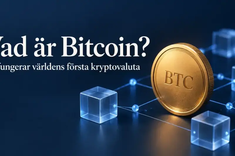 Ett guldfärgat mynt märkt BTC omges av sammankopplade blå block och nätverksnoder intill texten ”Vad är Bitcoin? Så fungerar världens första kryptovaluta”.