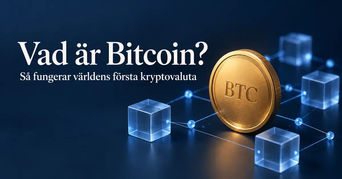 Ett guldfärgat mynt märkt BTC omges av sammankopplade blå block och nätverksnoder intill texten ”Vad är Bitcoin? Så fungerar världens första kryptovaluta”.