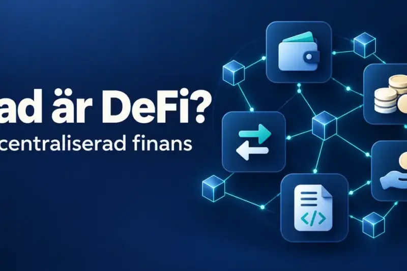 Illustration av decentraliserad finans med sammankopplade symboler för digital plånbok, sparande, handel, lån och smarta kontrakt samt texten ”Vad är DeFi? Decentraliserad finans”.