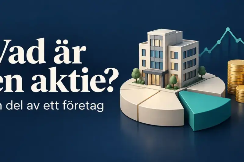 Illustration av ett företag på en cirkel uppdelad i ägarandelar, med mynt, en börskurva och texten ”Vad är en aktie? En del av ett företag”.