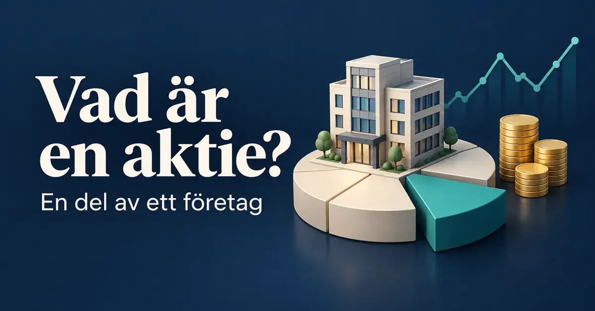 Illustration av ett företag på en cirkel uppdelad i ägarandelar, med mynt, en börskurva och texten ”Vad är en aktie? En del av ett företag”.