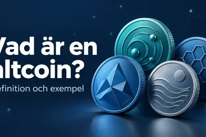 Fyra stiliserade kryptomynt i blått, turkost och silver mot en mörk bakgrund med texten ”Vad är en altcoin? Definition och exempel”.