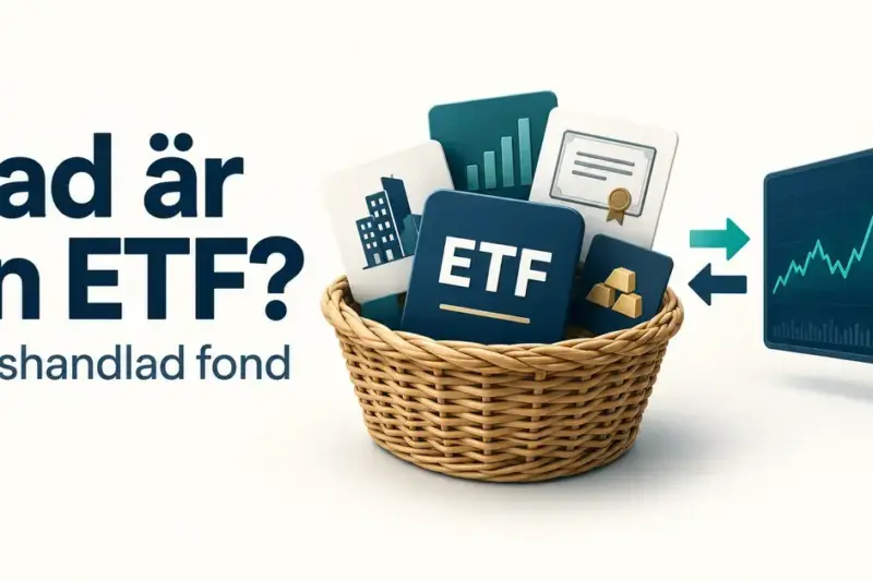 Illustration av en ETF som en korg med värdepapper kopplad till en börsgraf, med texten ”Vad är en ETF?” och ”Börshandlad fond”.