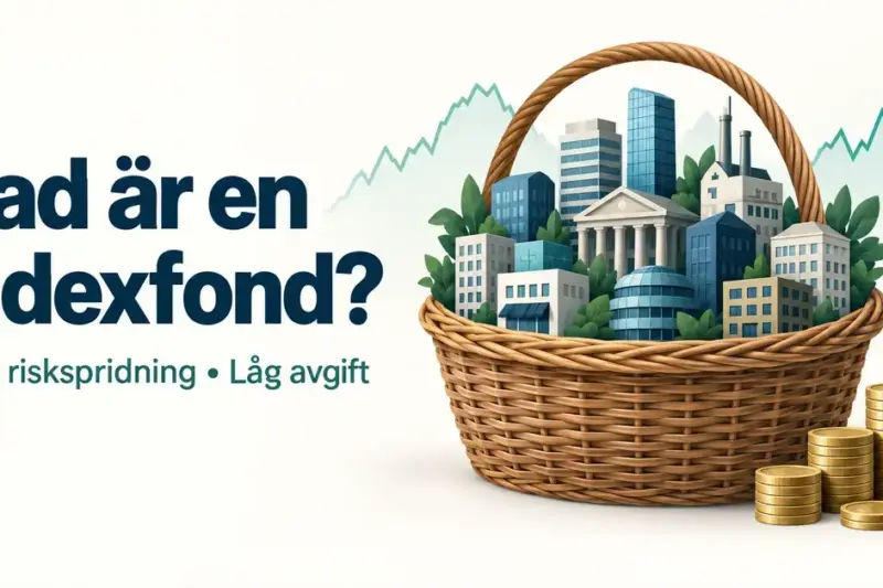 En korg med olika företagsbyggnader, myntstaplar och börskurvor illustrerar en indexfonds breda riskspridning och låga avgift.