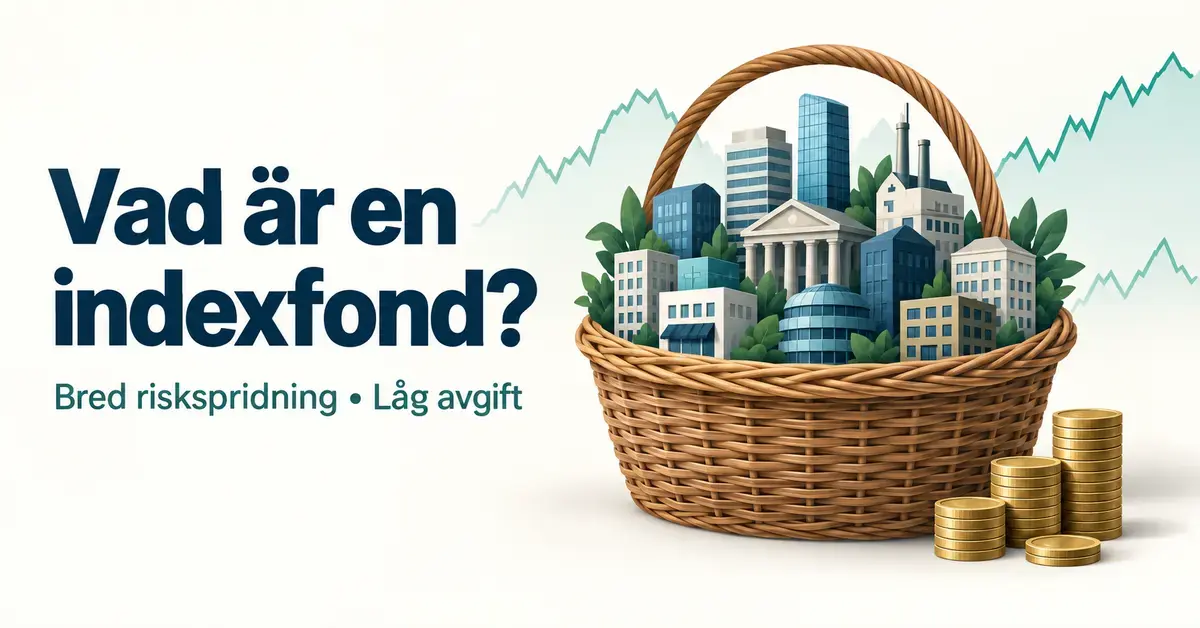 En korg med olika företagsbyggnader, myntstaplar och börskurvor illustrerar en indexfonds breda riskspridning och låga avgift.