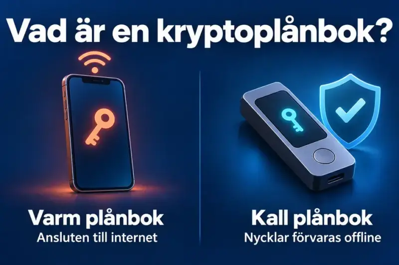 Jämförelse mellan en varm kryptoplånbok i en internetansluten mobil och en kall hårdvaruplånbok där nycklarna förvaras offline.