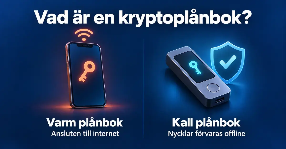 Jämförelse mellan en varm kryptoplånbok i en internetansluten mobil och en kall hårdvaruplånbok där nycklarna förvaras offline.