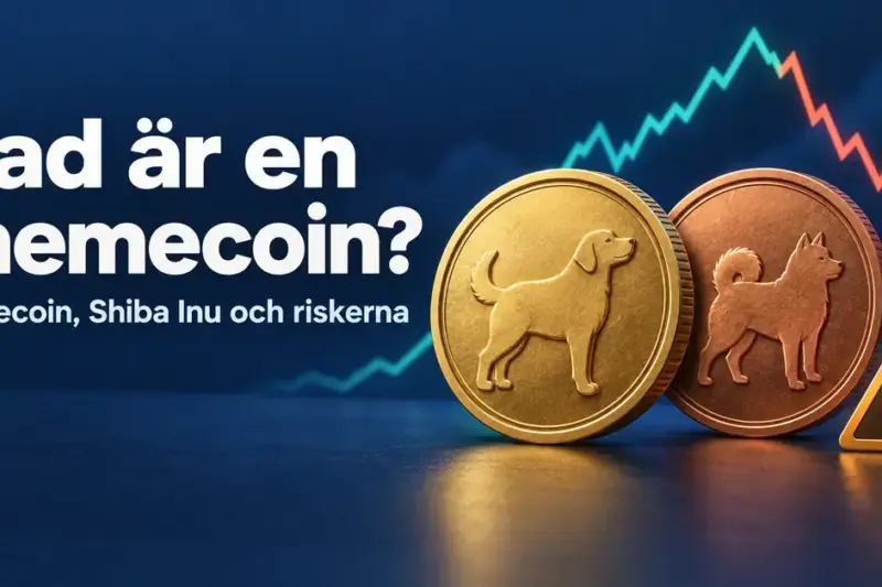 Två stiliserade mynt med hundmotiv, en kraftigt svängande kurskurva och en varningssymbol illustrerar memecoins och deras risker.