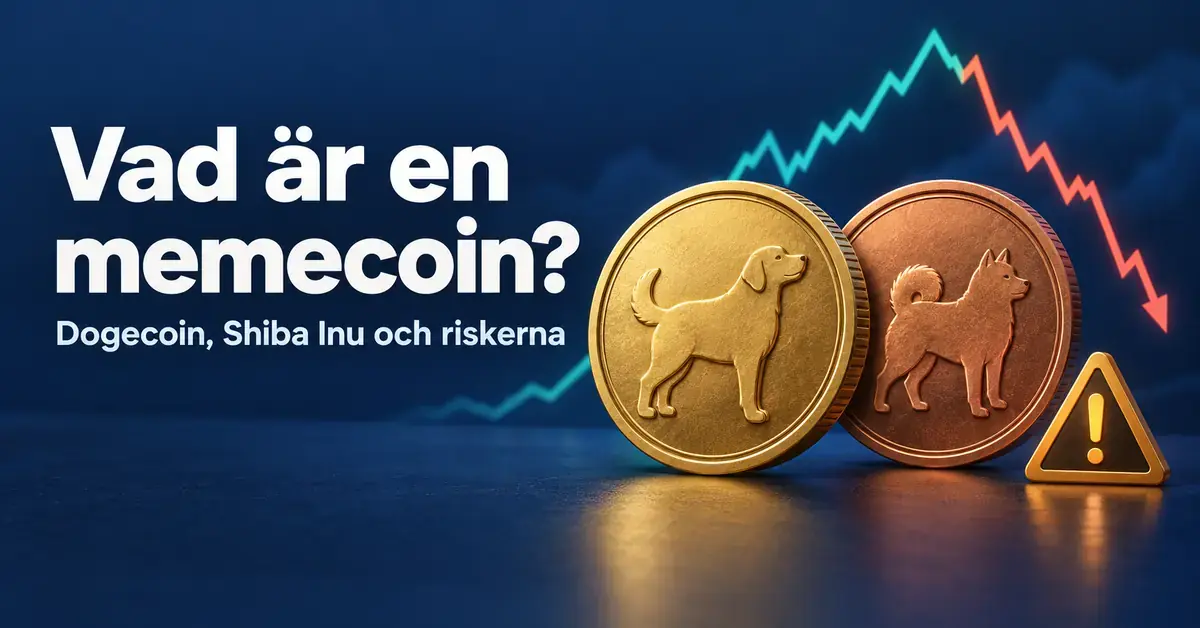 Två stiliserade mynt med hundmotiv, en kraftigt svängande kurskurva och en varningssymbol illustrerar memecoins och deras risker.