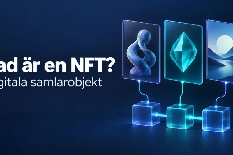 Tre digitala samlarkort med konstverk, en ädelsten och ett landskap kopplas till en blockkedja intill texten ”Vad är en NFT? Digitala samlarobjekt”.
