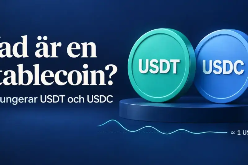 Illustration av USDT och USDC som två mynt med en kurva som stabiliseras kring en US-dollar.