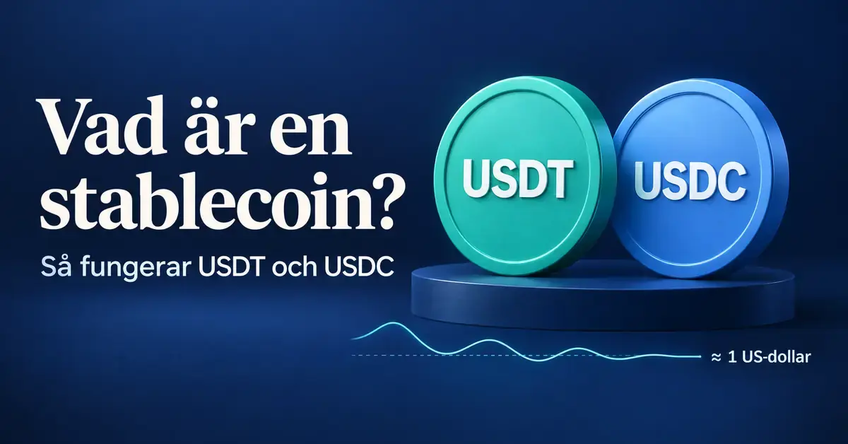 Illustration av USDT och USDC som två mynt med en kurva som stabiliseras kring en US-dollar.