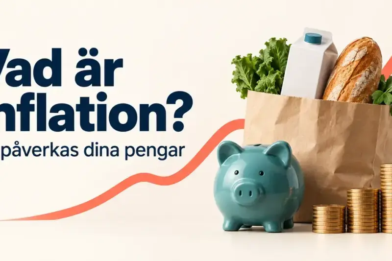 Illustration av en matkasse, en spargris och myntstaplar framför en stigande pil som symboliserar inflationens påverkan på priser och sparande.