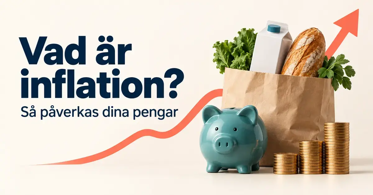 Illustration av en matkasse, en spargris och myntstaplar framför en stigande pil som symboliserar inflationens påverkan på priser och sparande.