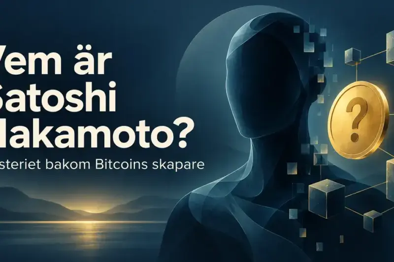 En anonym digital gestalt bredvid ett gyllene mynt med frågetecken och sammankopplade block illustrerar mysteriet kring Bitcoins skapare Satoshi Nakamoto.