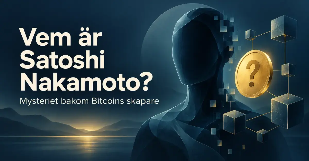 En anonym digital gestalt bredvid ett gyllene mynt med frågetecken och sammankopplade block illustrerar mysteriet kring Bitcoins skapare Satoshi Nakamoto.